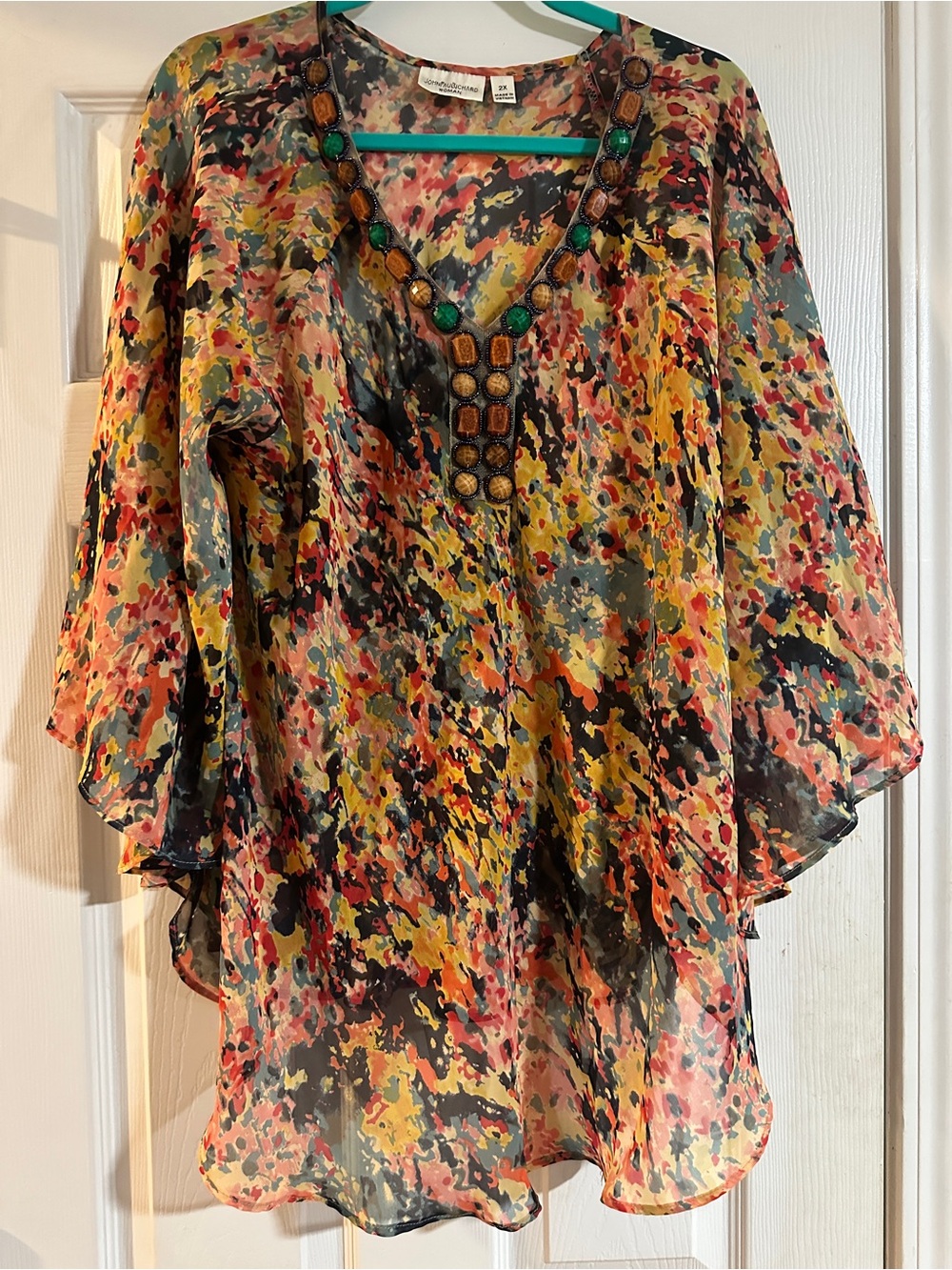 JohnPaulRichard Multicolor Beaded V-Neck Tunic - Green, Yellow, Orange, Black